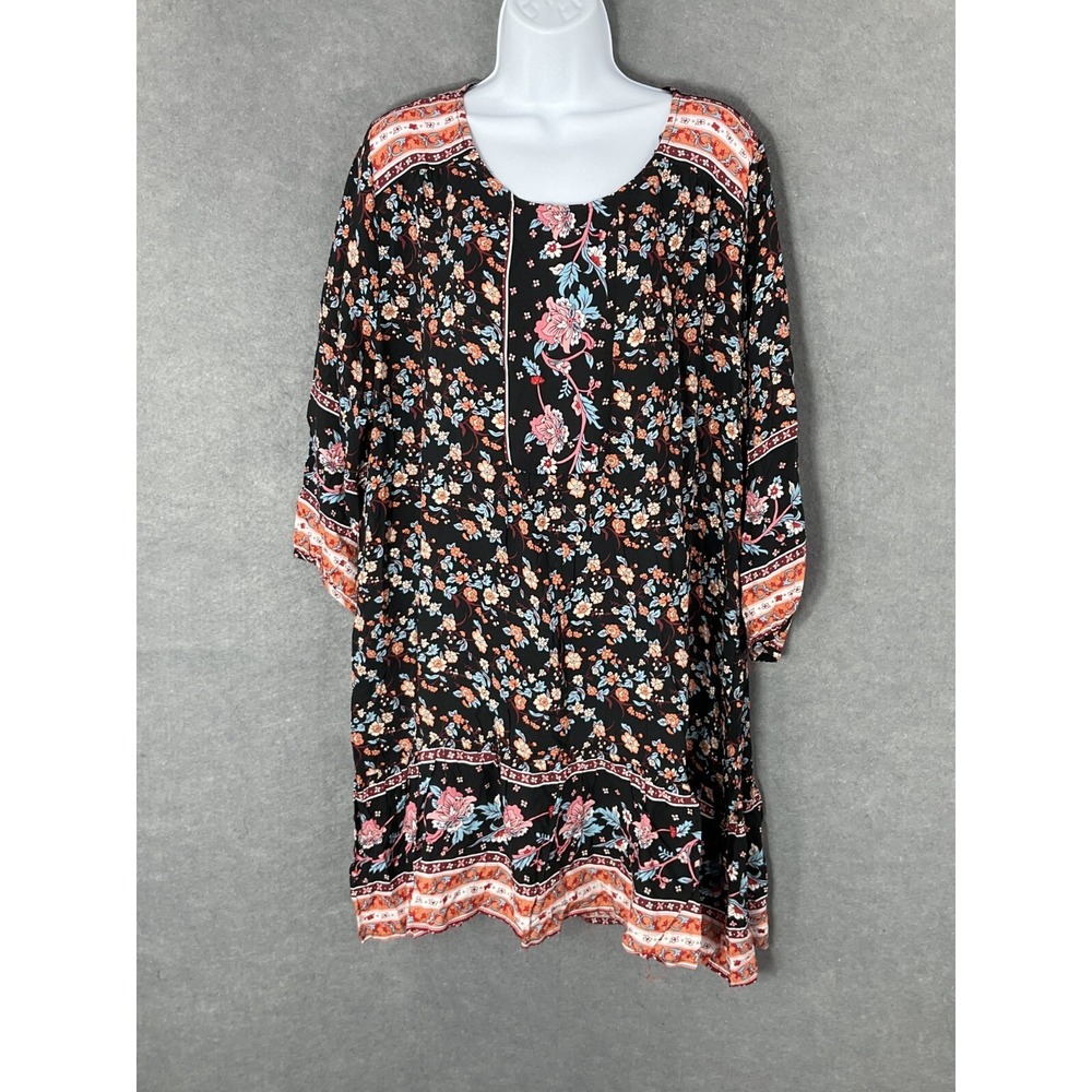 Umgee Dress Womens Sz L Dark Floral Round Neckline 3/4 Sleeve Boho Peasant